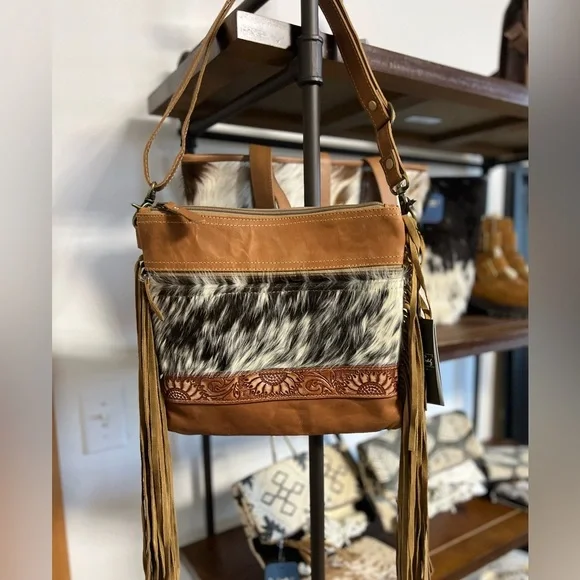 NEW Myra Bag Hand-Tooled Leather Cowhide Fringe crossbody festival flower Gift 💡 - Picture 3 of 9